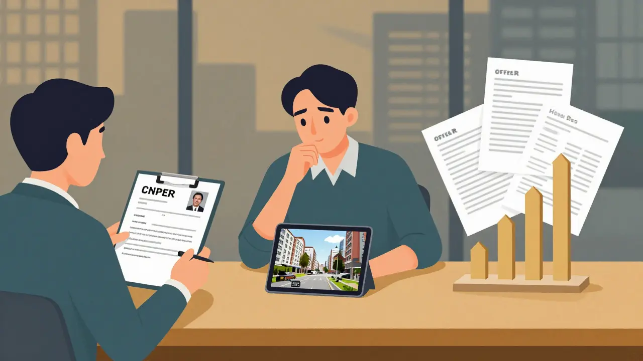 Drei Szenen der Immobilienverhandlung: Dokumente, virtueller Rundgang und Angebotsbriefe in einer Illustration