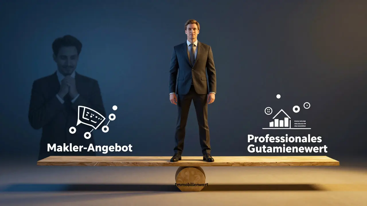 Ein Hausbesitzer steht auf einer Waage, die den fairen Immobilienwert mit professioneller Bewertung balanciert.