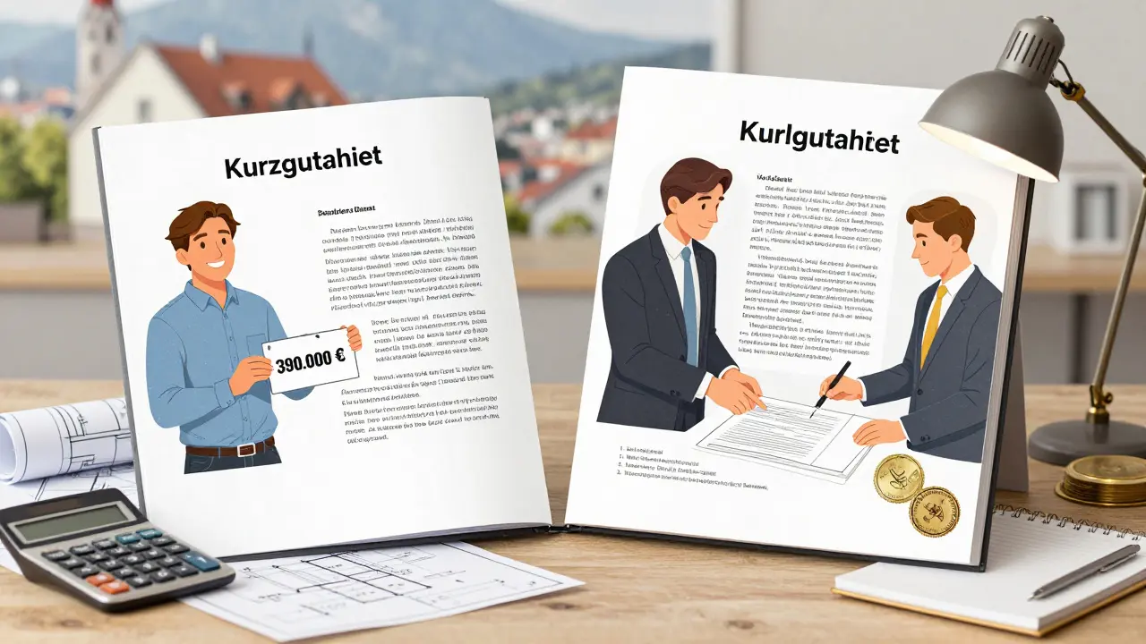 Ein Kurzgutachten und ein Vollgutachten liegen nebeneinander auf einem Tisch, mit Dokumenten und Plänen.