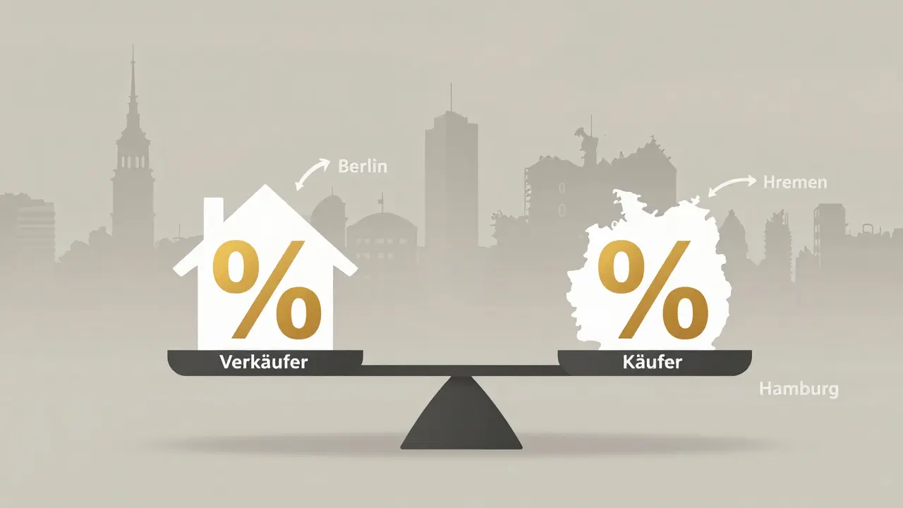 Eine Waage zeigt die faire Aufteilung der Maklerprovision zwischen Verkäufer und Käufer mit regionalen Unterschieden.