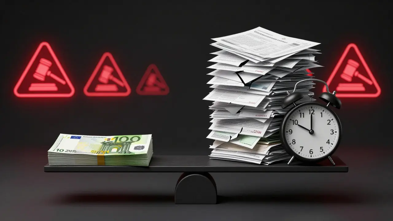 Finanzielle Waage, die höhere Verkaufserlöse gegen hohe Räumungskosten und Zeitverlust abwägt, mit rechtlichen Warnsymbolen.