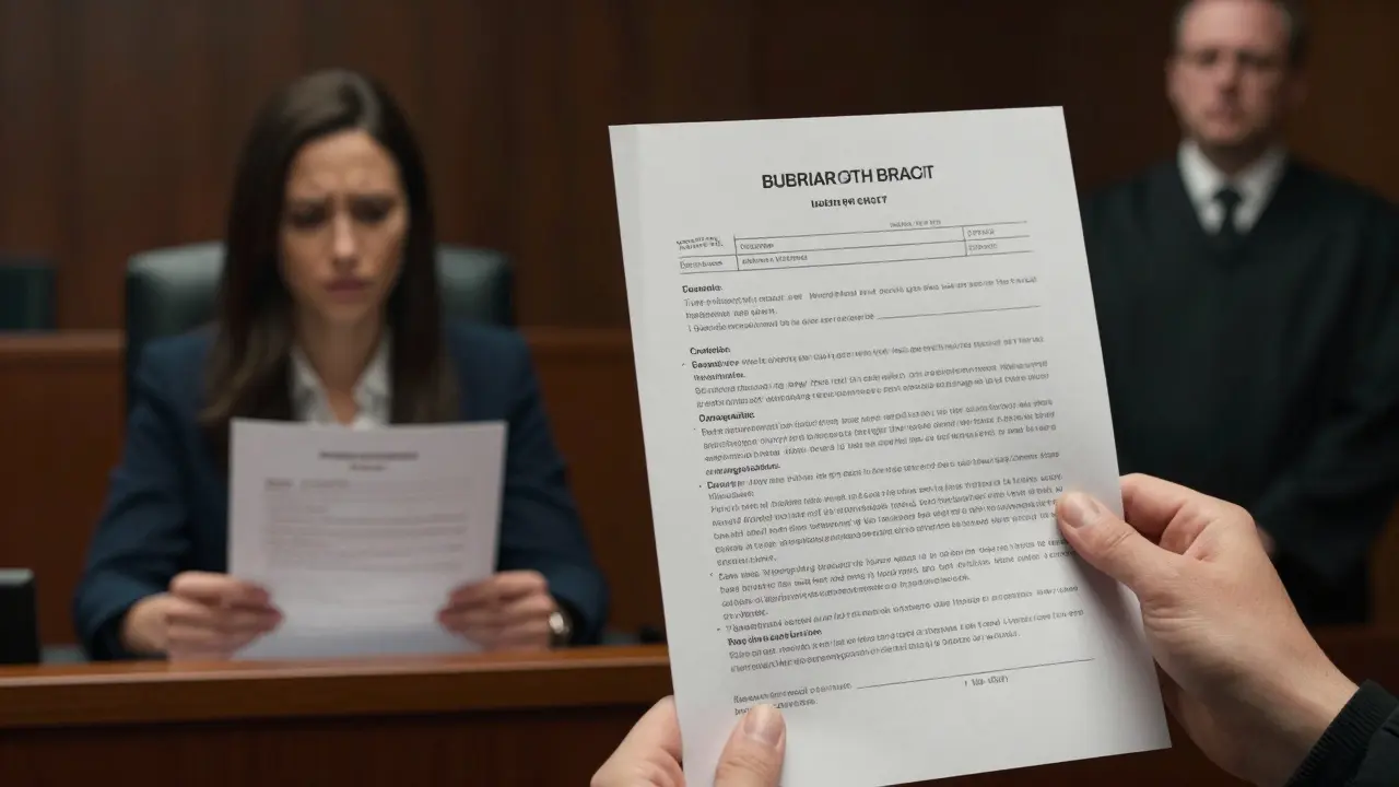 Gerichtsszene mit zwei Verträgen: einer unklaren Version und einer präzisen, die den Streit zwischen Käufer und Verkäufer verdeutlicht.