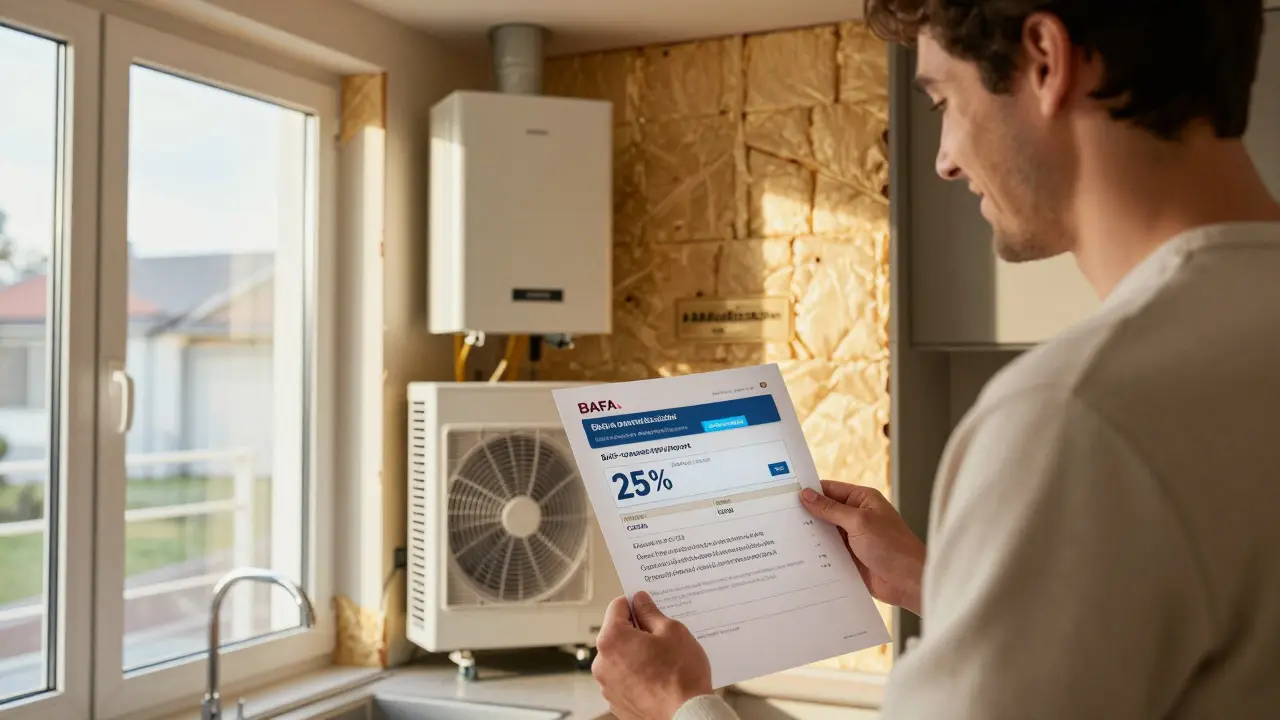 Hausbesitzer freut sich über BAFA-Förderzusage, neue Heizung und gedämmte Wände im Hintergrund.