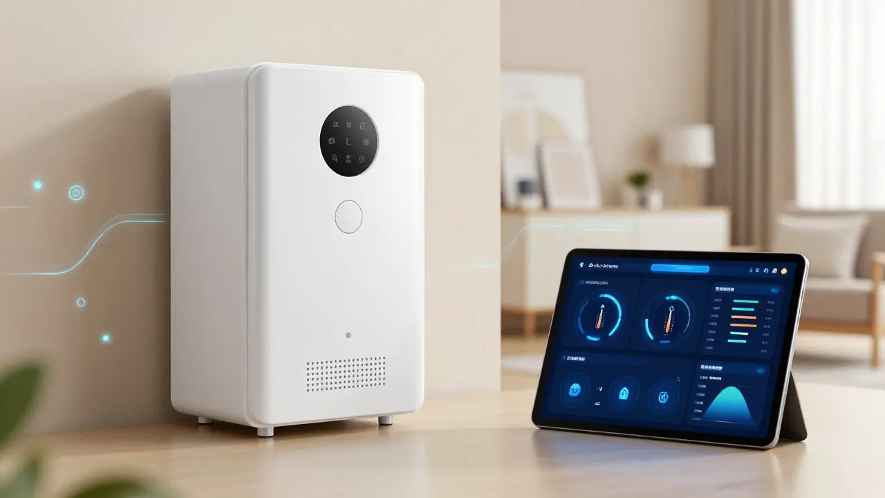 Intelligenter Systemtrenner mit Sensoren, der Daten an ein digitales Gebäudemanagement-Display sendet.