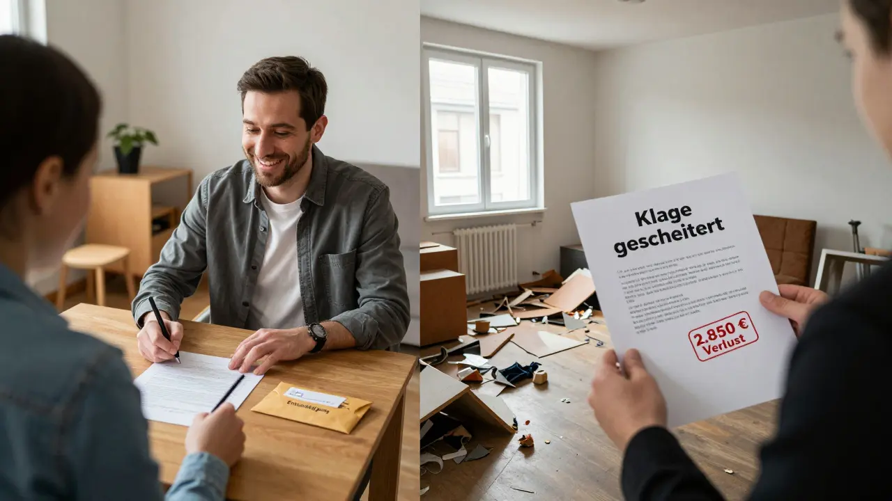 Linker Teil: Vermieter und Mieter einigen sich auf freiwillige Räumung; rechter Teil: verlassene, verwüstete Wohnung mit Klageakten und Verlustangabe.