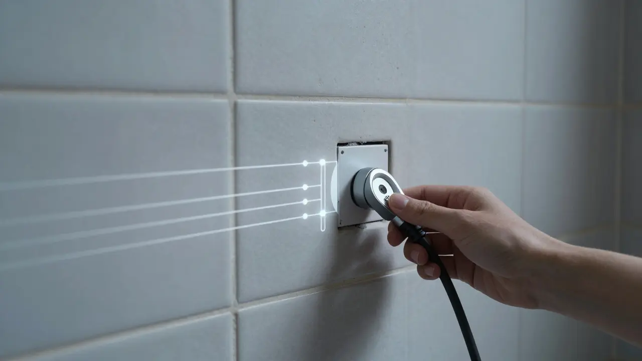 Modernes wasserdichtes Kabelkanal-System neben alten Fliesen, mit digitaler Planungs-Überlagerung, die sichere Leitungswege zeigt.