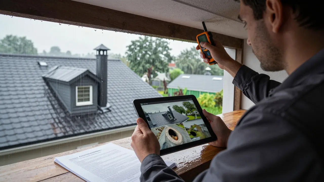 Nach Regenprüfung: Hausbesitzer kontrolliert mit Tablet die Dachdurchführungen.