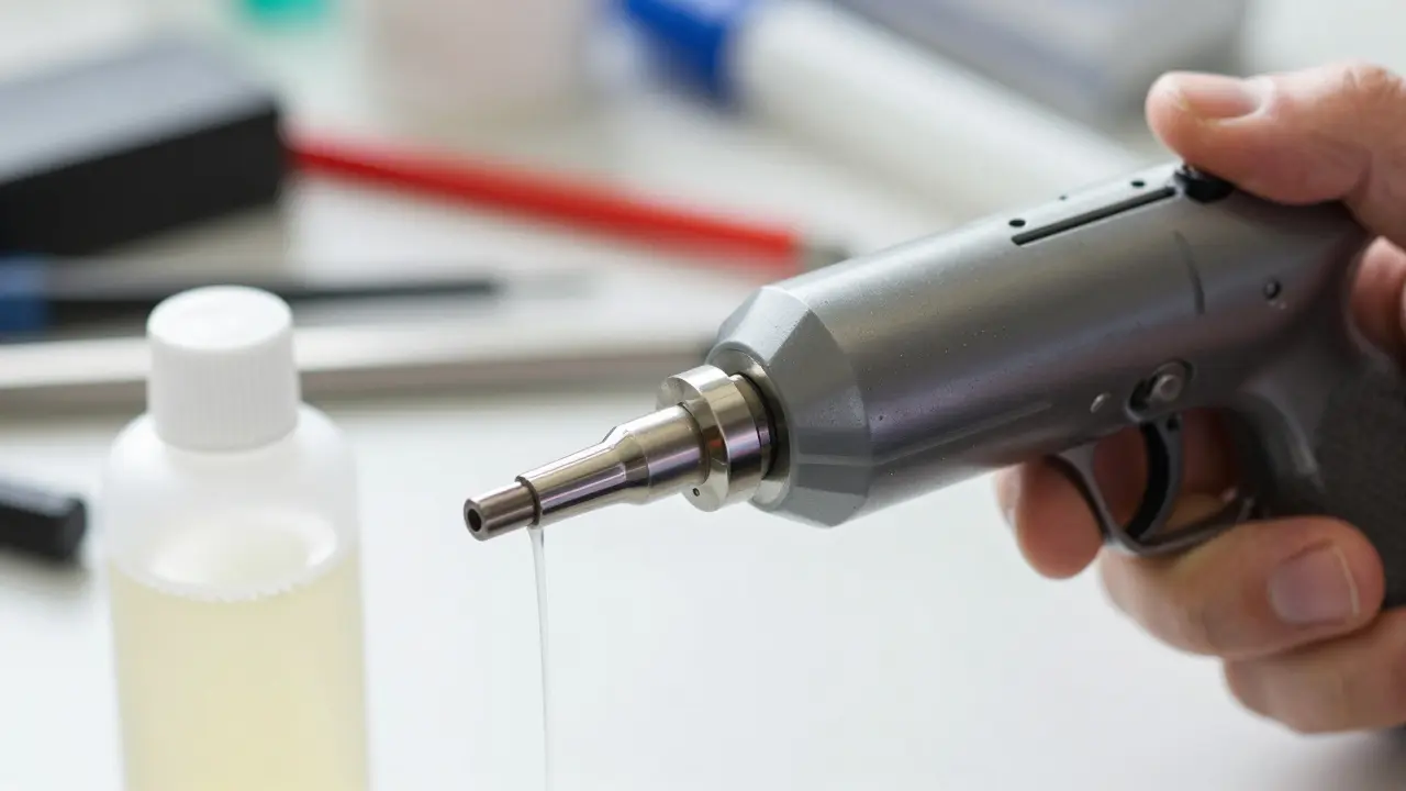 Nahaufnahme einer Kartuschenpistole mit frisch geschnittener Düse, die Silikon gleichmäßig in eine Fuge abgibt, neben einer Flasche Seifenwasser.