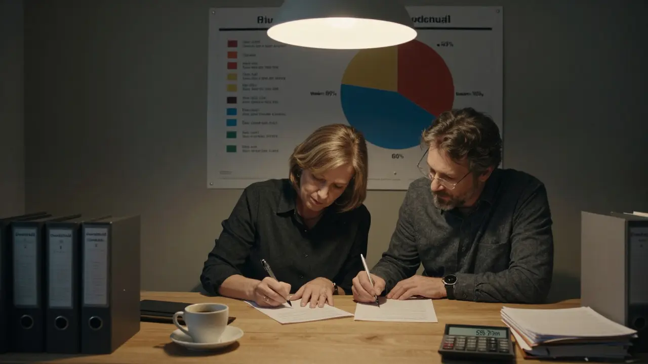 Paar unterschreibt Dokumente für eine zweite Grundschuld in einer Notariatsstube, mit Darstellung der Kreditbelastung an der Wand.