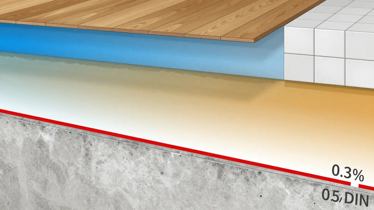 Querschnitt eines Estrichs mit Feuchtigkeitsgradienten und DIN-Grenzwerten in schematischer Darstellung.