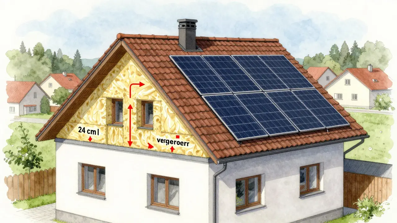 Querschnitt eines modernen Daches mit Dämmung, Luftdichtheitsschicht und Solaranlage.