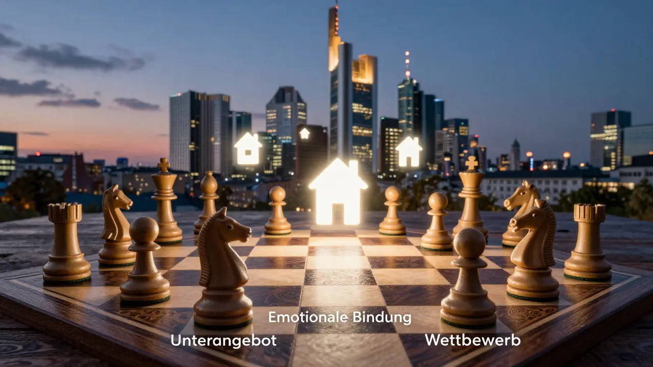 Schachbrett mit Verhandlungsstrategien als Figuren, Stadtsilhouetten im Hintergrund, dramatische Beleuchtung