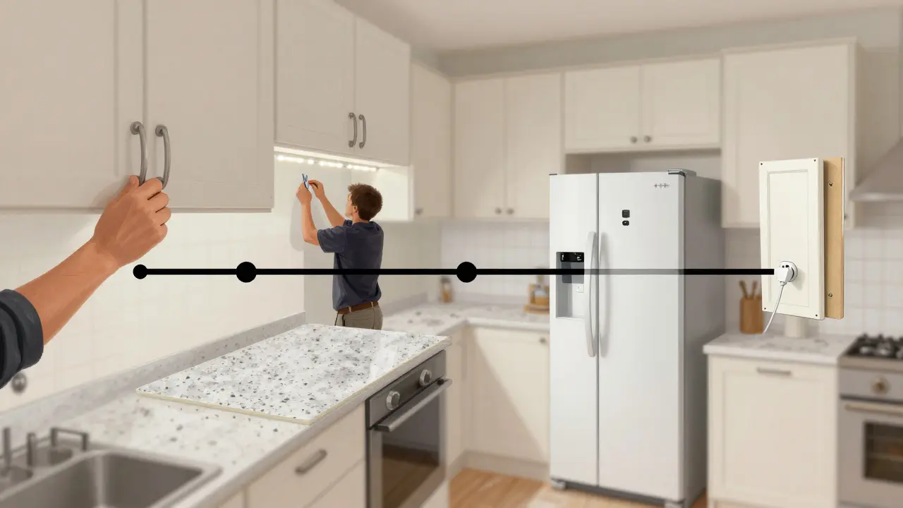 Schritt-für-Schritt-Darstellung der Küchensanierung: Griffe, Licht, Arbeitsplatte, Geräte, Fronten.