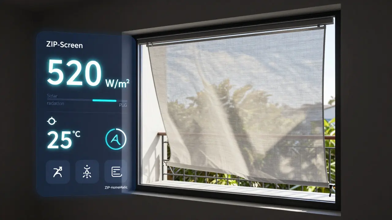 Smartes Sonnenschutzsystem fährt automatisch aus, wenn Sonne und Temperatur steigen — digitale Steuerung sichtbar.