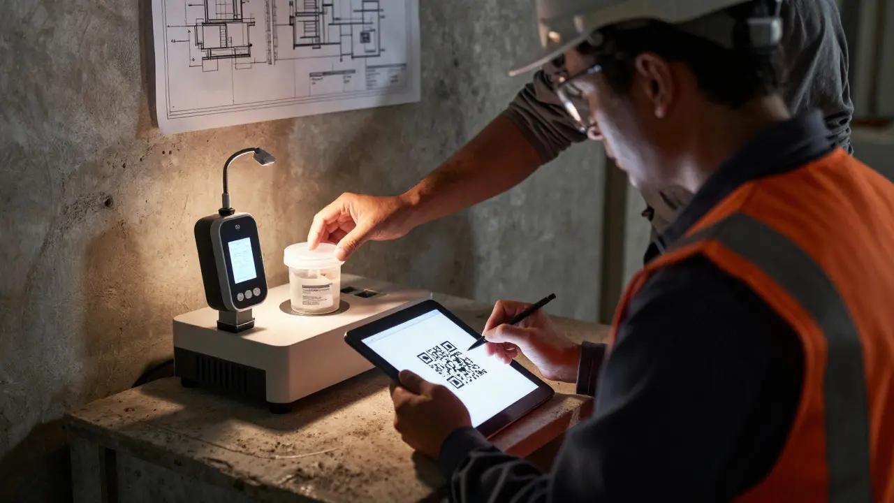 Techniker dokumentiert Messwerte digital auf einem Tablet in einer Baustellenumgebung.