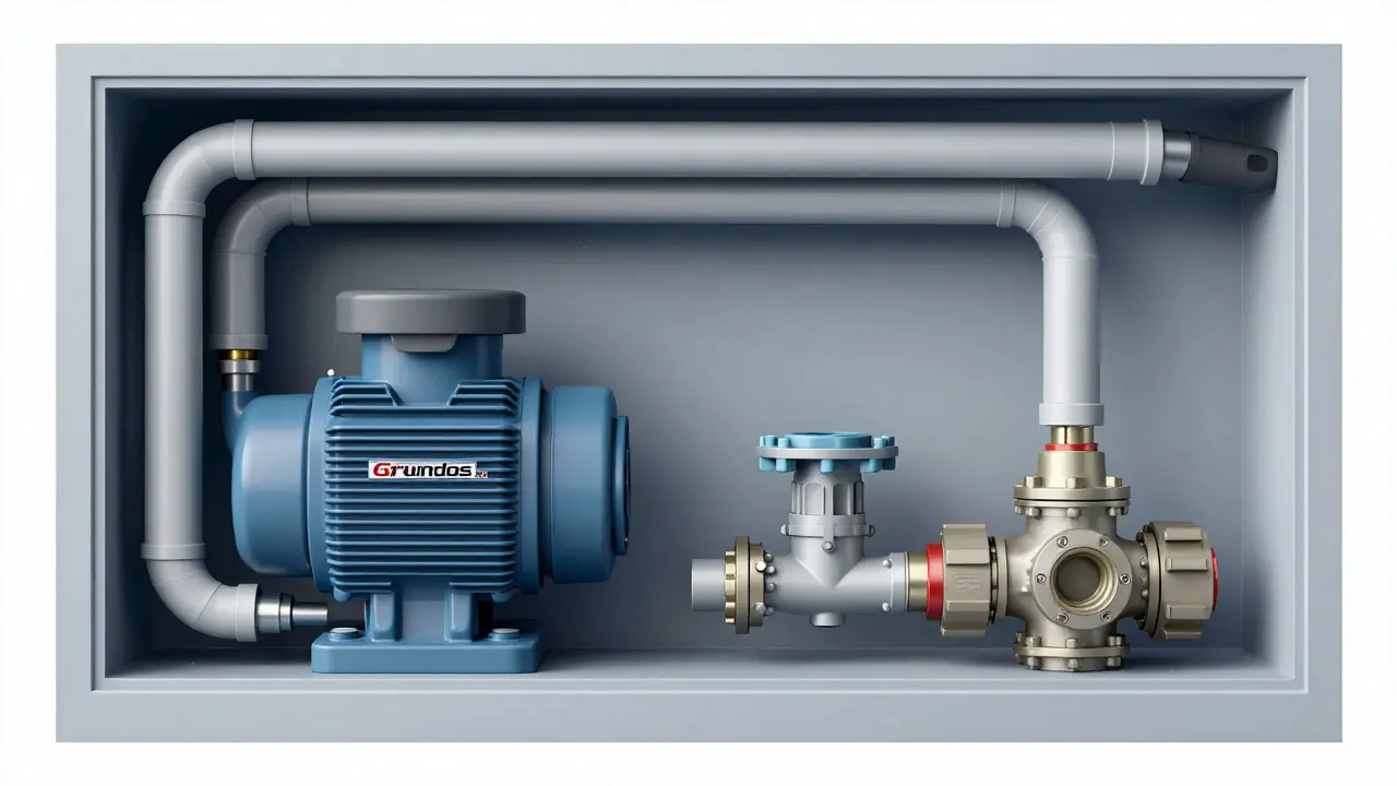 Technische Darstellung einer Warmwasserzirkulationsanlage in einer Wand.