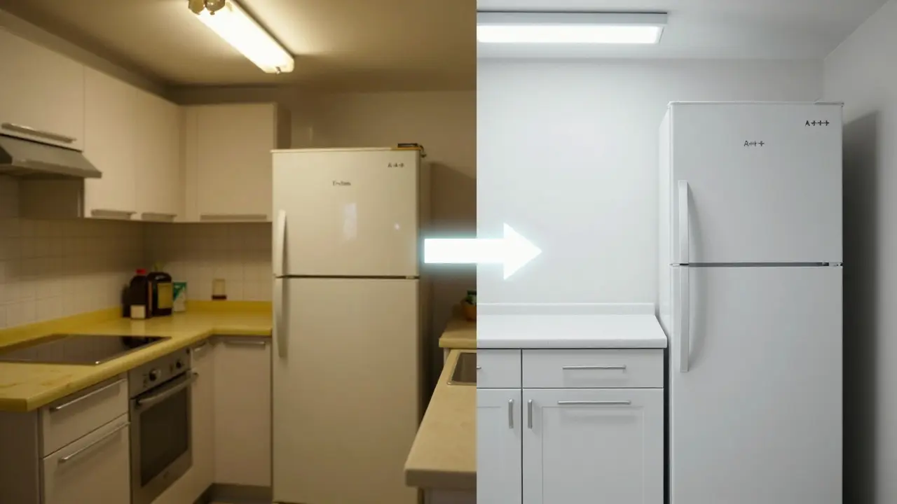 Vergleich: alte, dunkle Küche links vs. helle, moderne Küche rechts mit Energieeinspar-Pfeil dazwischen.