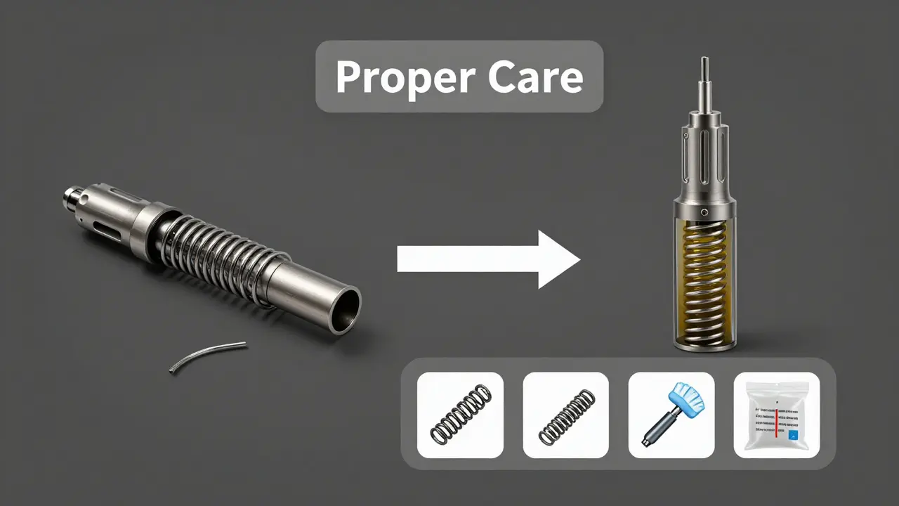Vergleich: eine gepflegte Kartuschenpistole neben einer verklebten, verschmutzten Version, mit Hinweisen auf richtige Wartung.