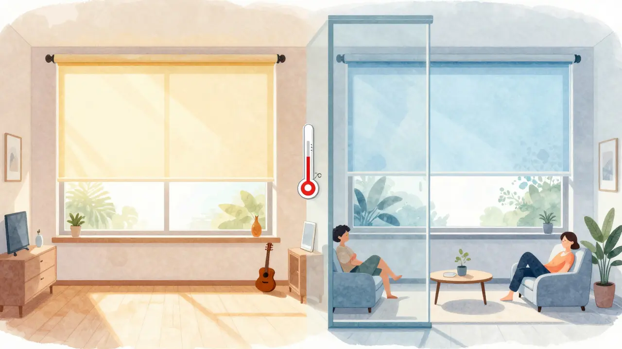 Vergleich: Innenrollo lässt Hitze ins Zimmer, Außen-Schutz hält sie draußen — Temperaturunterschied deutlich sichtbar.
