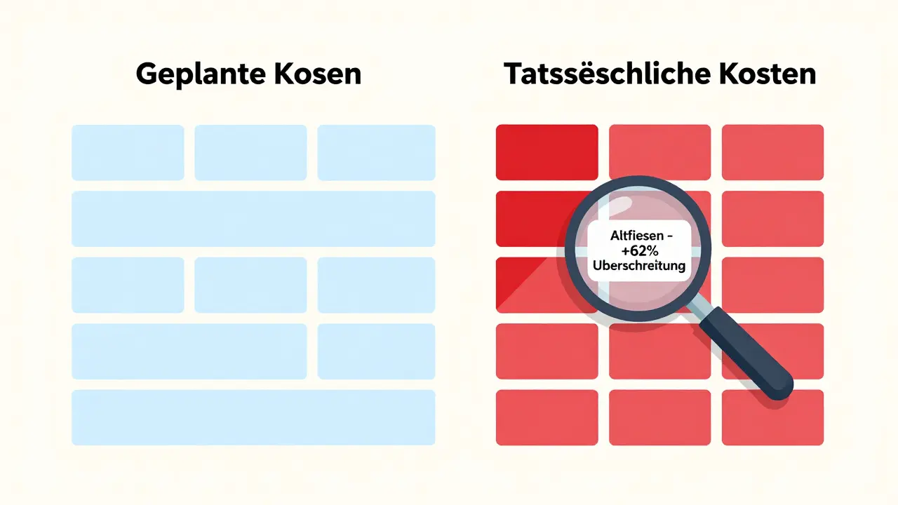 Vergleich zwischen geplanten und tatsächlichen Kosten einer Renovierung mit rot hervorgehobener Abweichung bei Altfliesen.