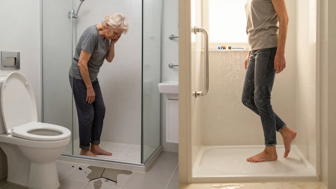 Vorher-Nachher-Vergleich: Von gefährlicher Duschschwelle zu barrierefreiem Bad mit Förderhinweisen.