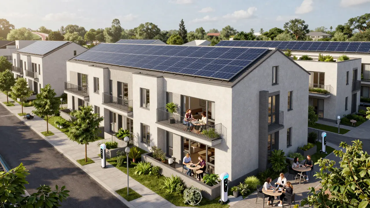 Zukunftsorientierte Wohnanlage mit Solaranlagen, E-Ladestationen und grünem Dachgarten für nachhaltige Immobilienanlage.