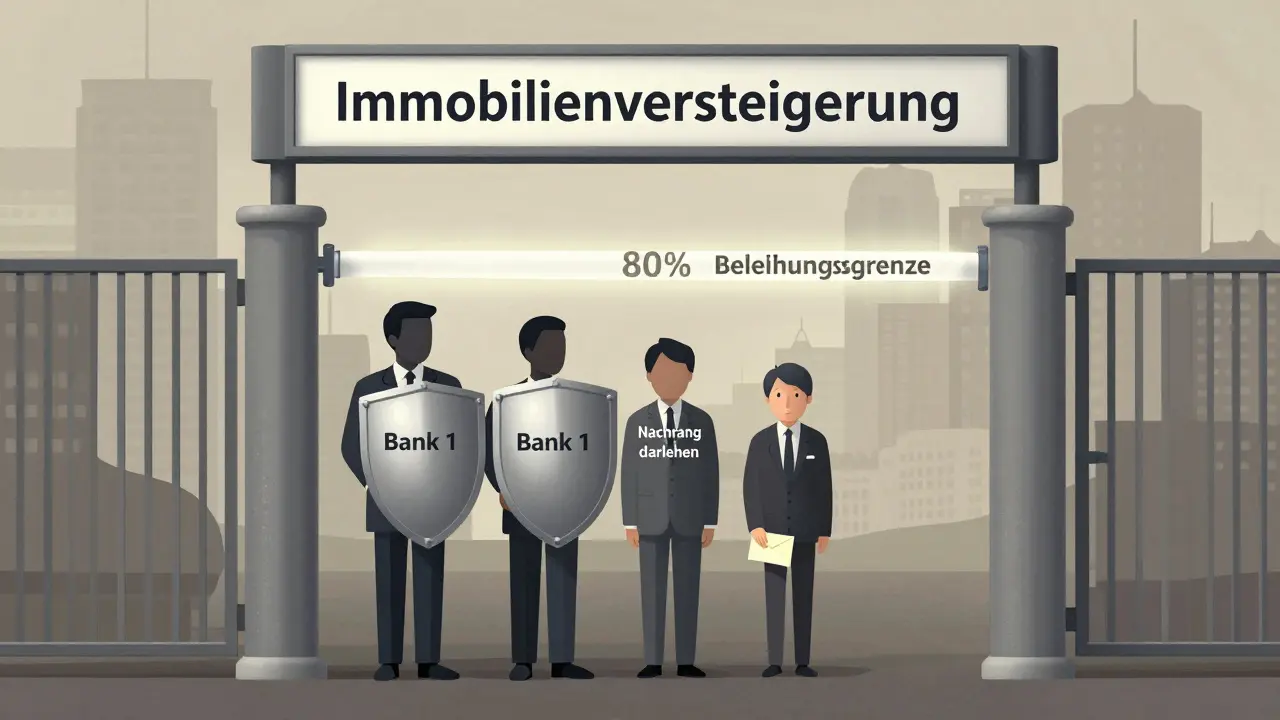 Zwei Gläubiger in einer Warteschlange vor einer Versteigerungstür, erste Bank vorne, Nachrangdarlehen hinten, mit 80%-Grenze als unsichtbares Hindernis.