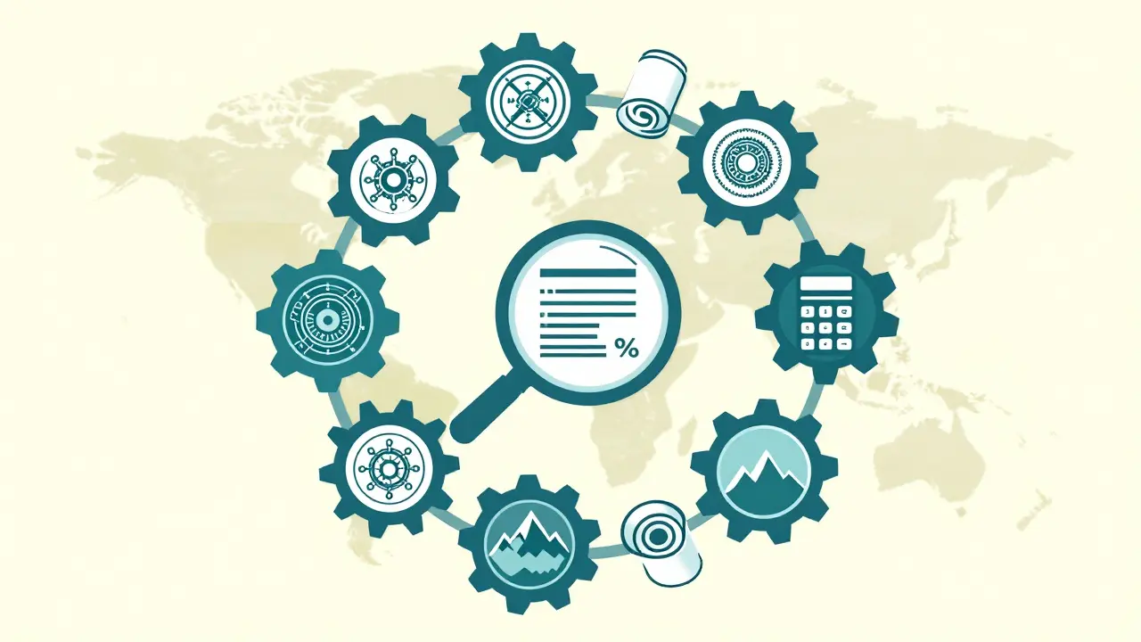 Abstrakte Zahnräder aus Bauplänen mit Notargestempeln und Gebirgsformen