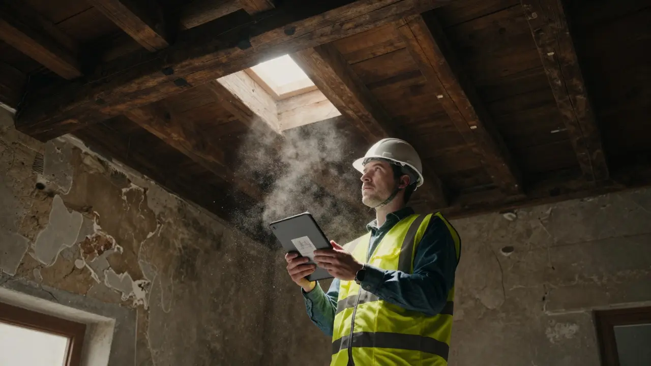 Architekt inspiziert alte Holzbalken während Sanierung