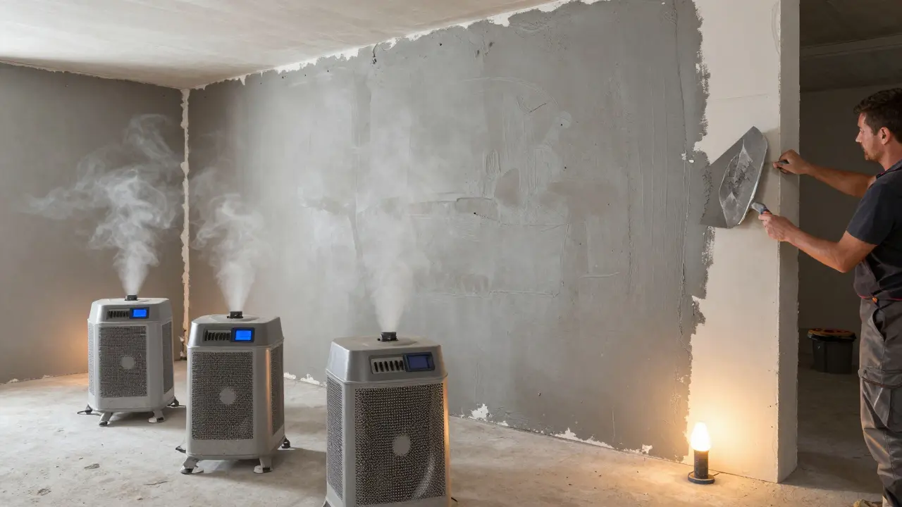 Auftrag von Sanierputz mit Trocknungsgeräten im Raum.