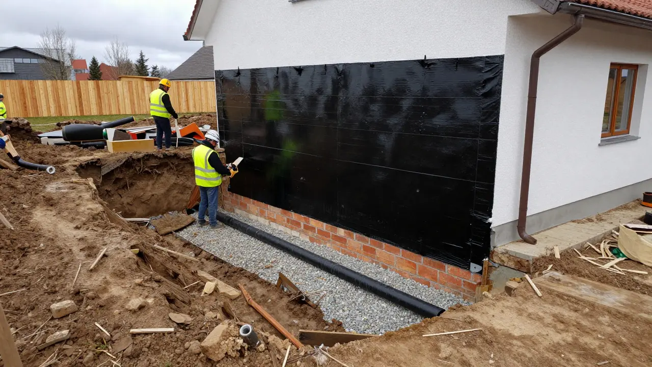Außenabdichtung von Kellerwänden im ausgehobenen Graben.