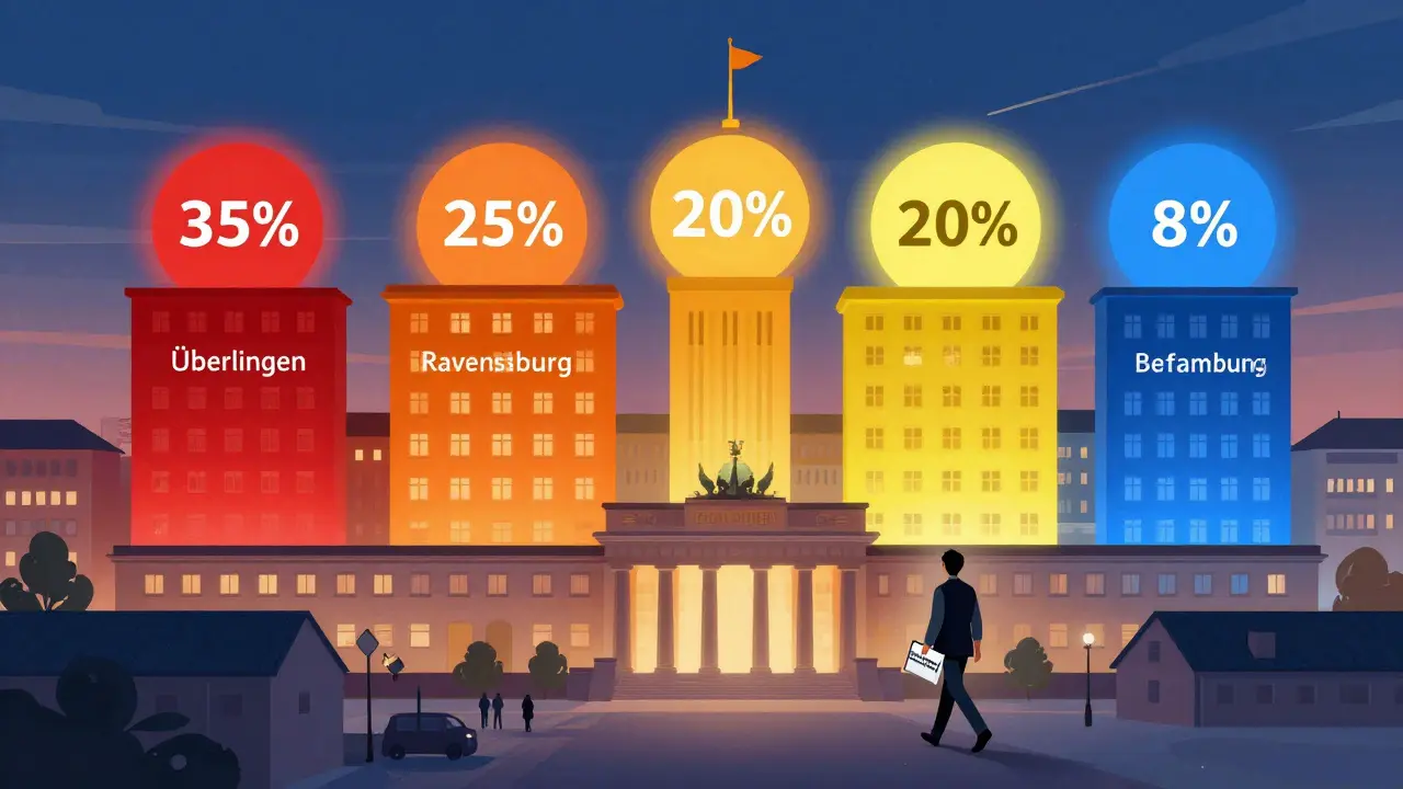 Deutsche Stadtlandschaft bei Dämmerung mit farbigen Halos für verschiedene Zweitwohnungsteuersätze.