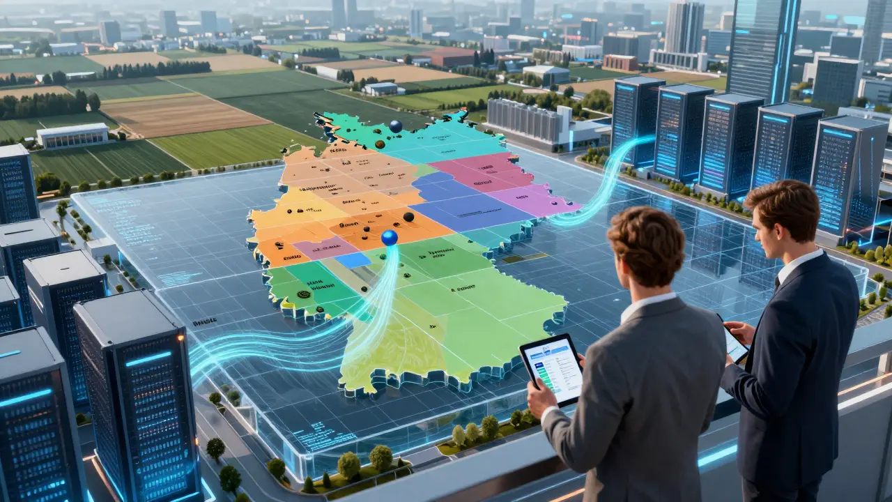 Digitale 3D-Darstellung eines landwirtschaftlichen Grundstücks mit farbcodierten Daten zu Bodenwert, Pacht und Baulandplanung.