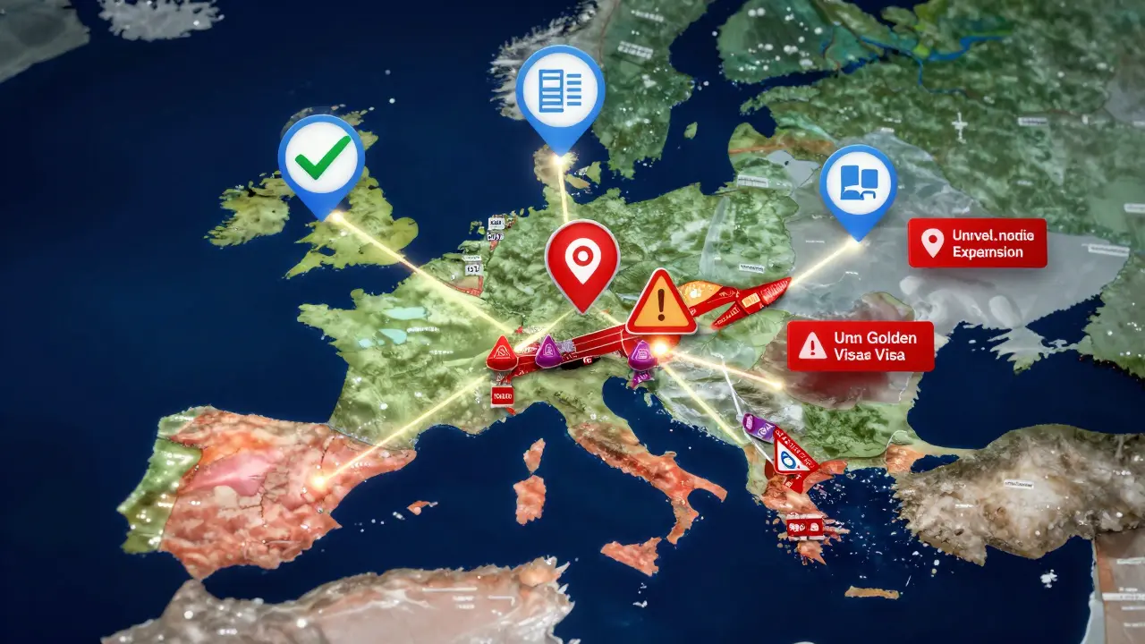Digitale Checkliste für Immobilienkauf im Ausland mit Warnhinweisen zu rechtlichen und baulichen Risiken.