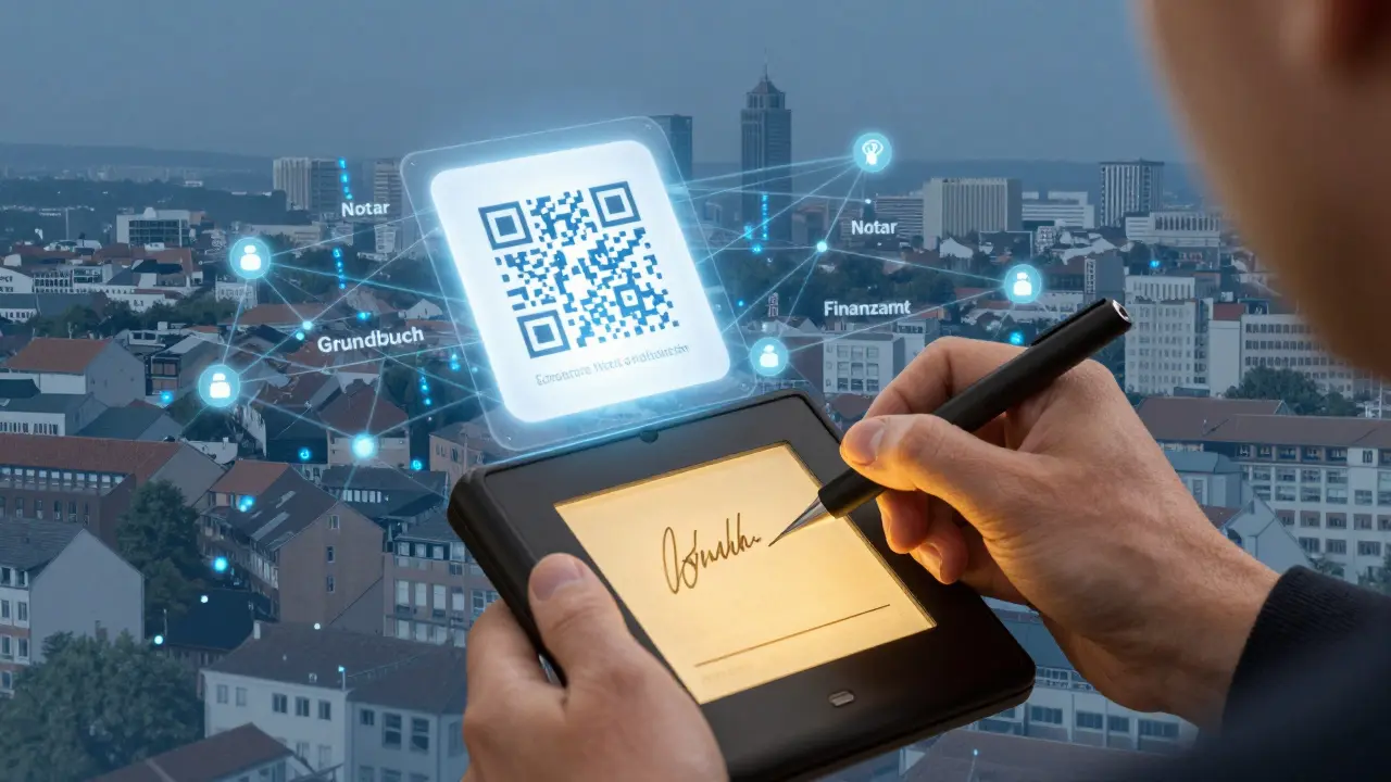 Digitale Unterschrift mit verschlüsseltem Zertifikat, verbunden mit einem Netzwerk aus Behörden und Grundbuchämtern.