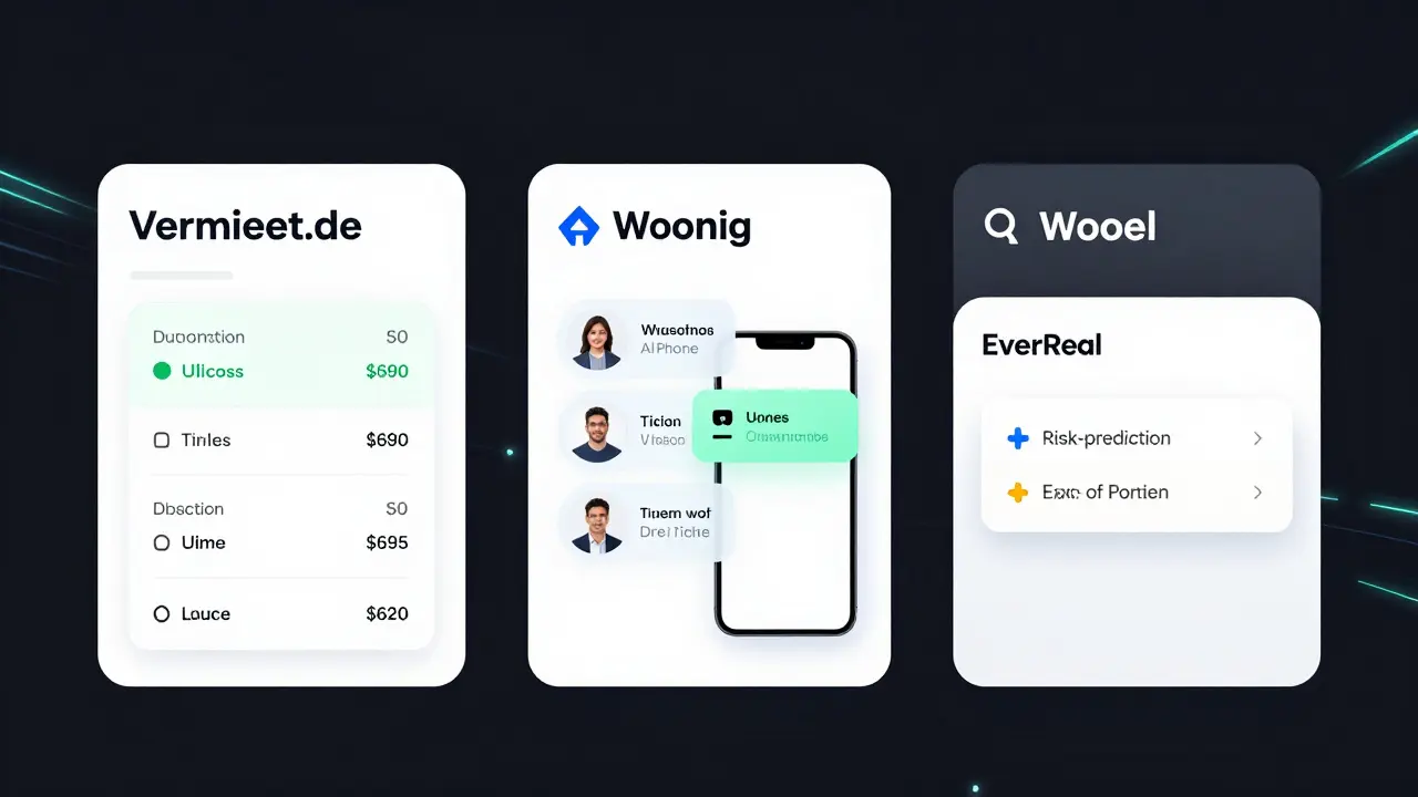 Drei digitale Vermietungssoftware-Tools mit automatisierten Berechnungen, KI-Telefon-Bot und Risikoprognose in einem modernen UI-Design.