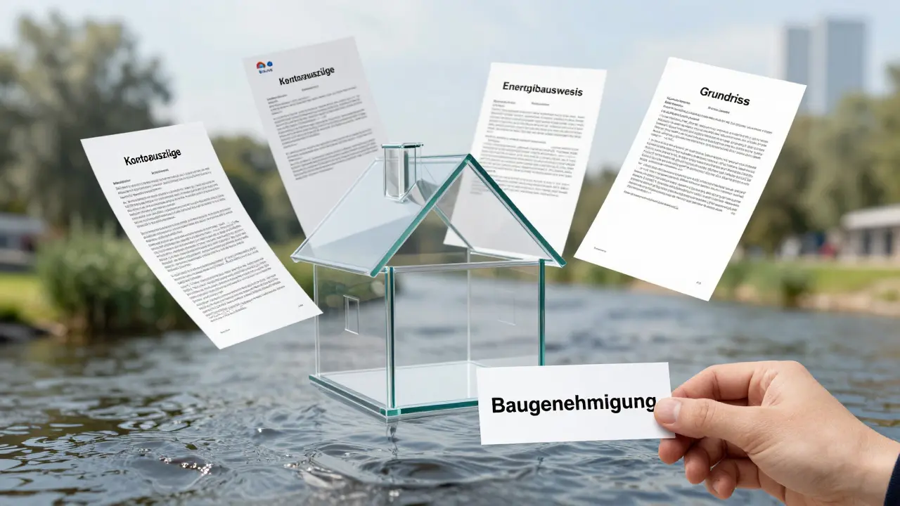 Durchsichtige Hausstruktur aus finanziellen Nachweisen wie Kontoauszügen, Steuerbescheiden und Energieausweis, die als Bausteine schweben.