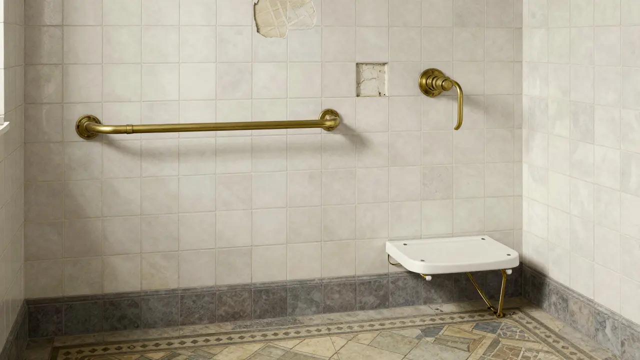 Ein barrierefreies Badezimmer mit originalen Fliesen und einem unauffälligen Haltegriff, der historische Oberflächen respektiert.