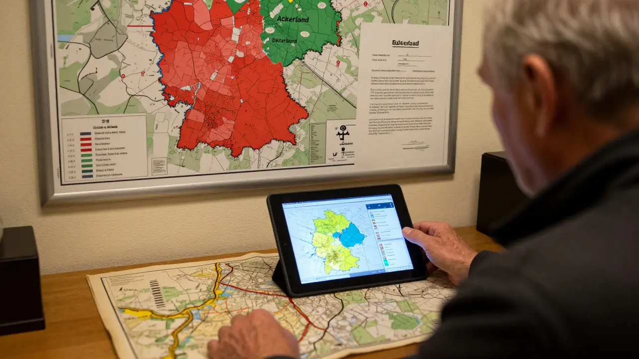 Ein Landwirtschaftsgutachter vergleicht alte Bodenkarten mit modernen digitalen Daten in einem Amtszimmer.