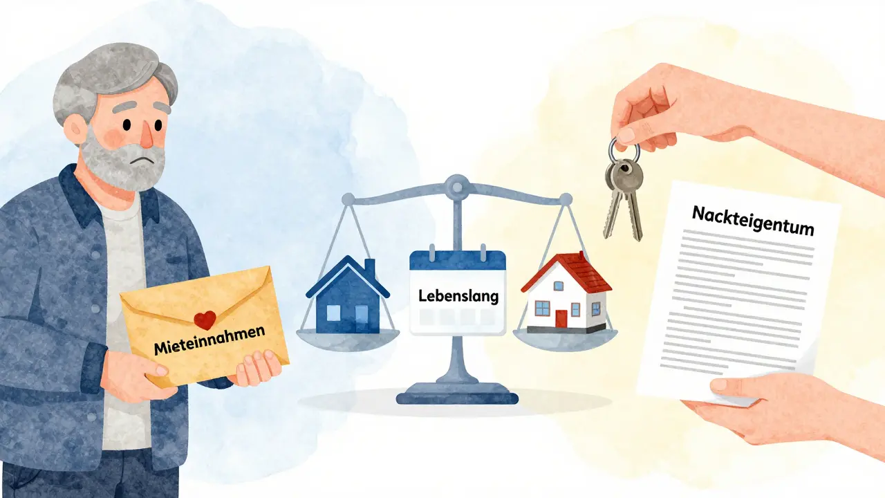 Ein Senior erhält Mieteinnahmen, während ein junger Erbe das nackte Eigentum übernimmt – symbolische Darstellung des Rechtskonflikts.