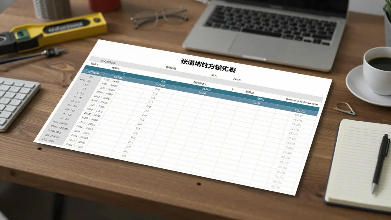Eine detaillierte Materialliste auf einem Laptop mit Werkzeugen und Kaffee daneben.