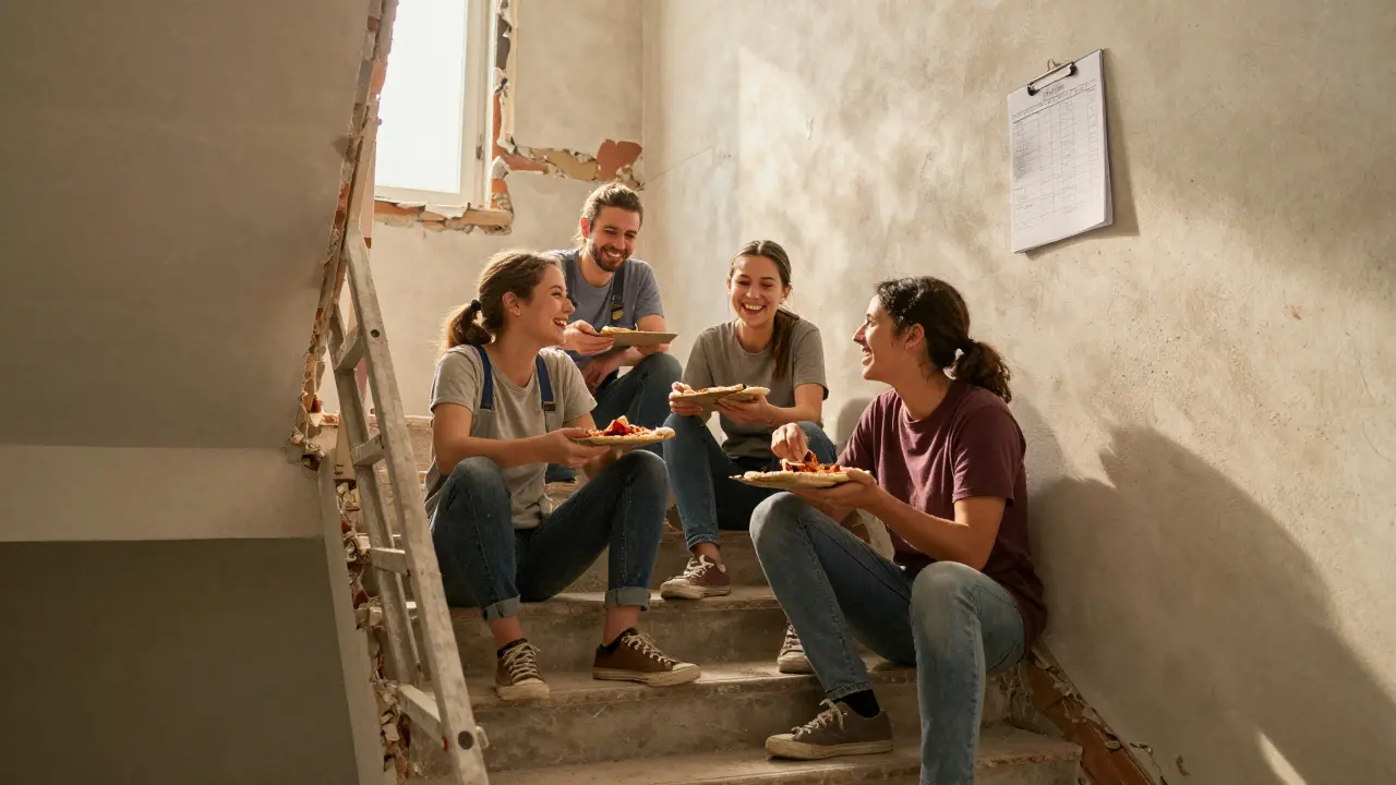 Eine Gruppe macht eine Pause während einer Renovierung, isst Pizza auf einer Treppenstufe.