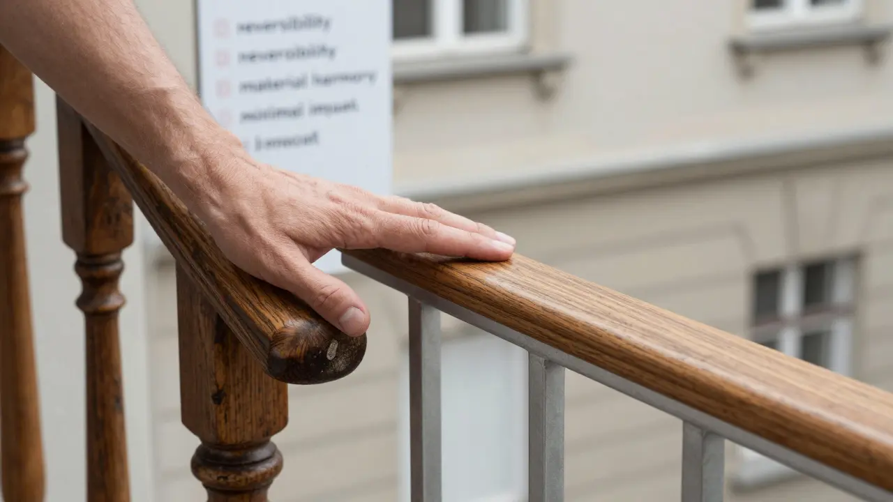 Eine Hand berührt gleichzeitig eine historische Holzbalustrade und eine moderne, anpassbare Halterung mit Holzverkleidung.