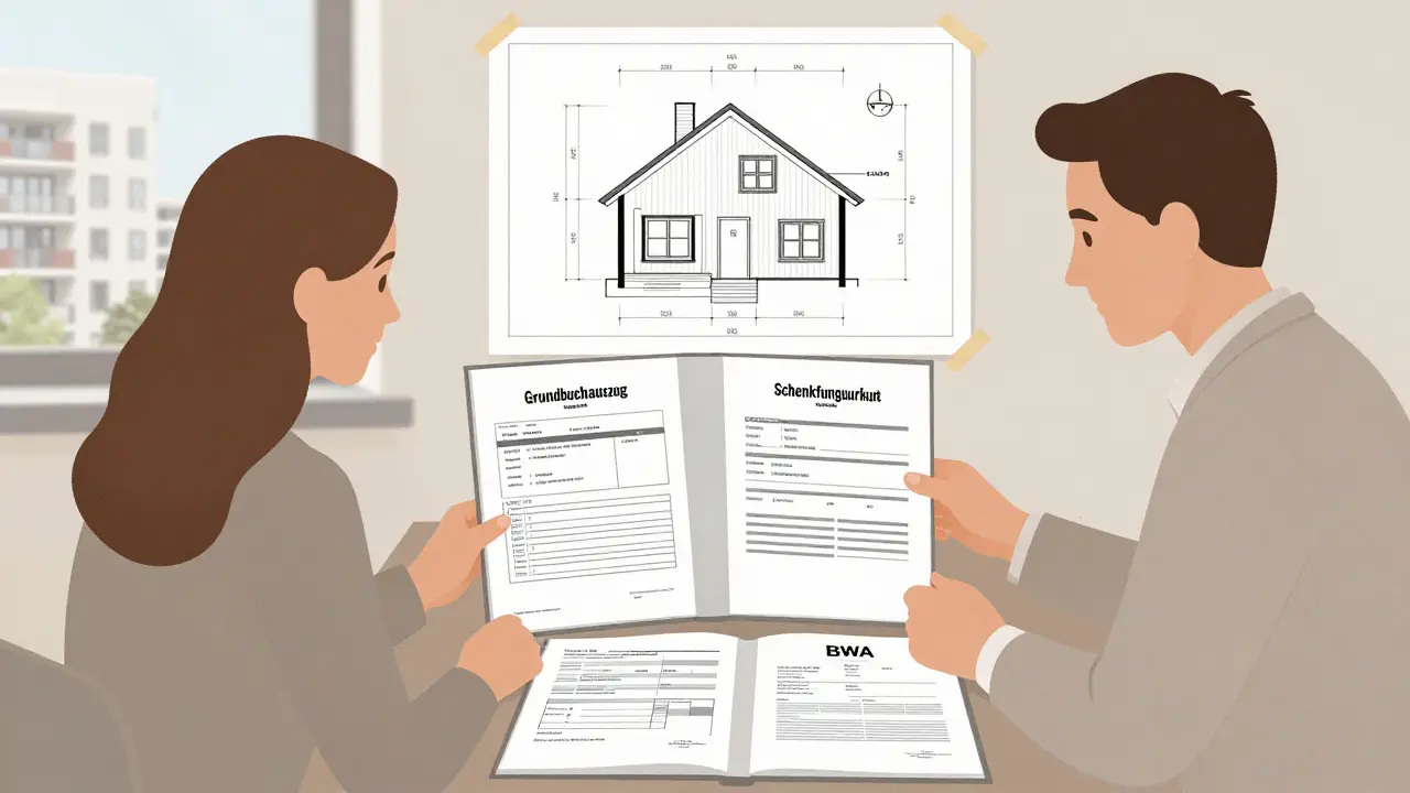 Finanzberater und Käufer besprechen Unterlagen wie Lohnabrechnungen, Grundbuchauszug und Kostenvoranschlag an einem Tisch.