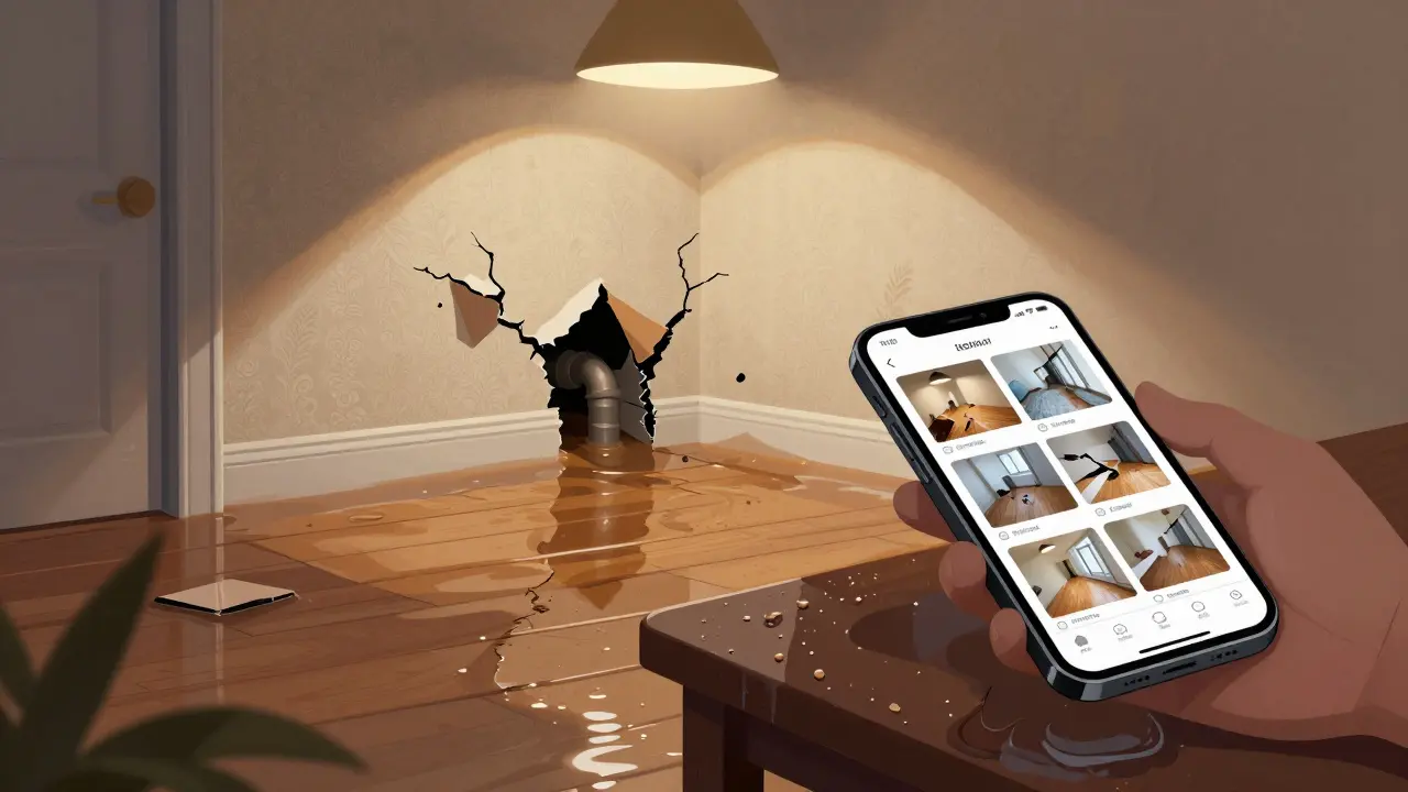Flut in Wohnzimmer mit beschädigter Wand und Smartphone mit Schadensfotos.
