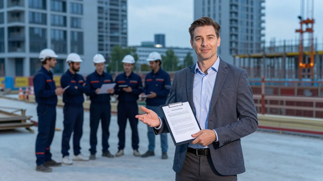 Generalunternehmer leitet ein Bauprojekt mit digitaler Planung und einheitlichem Team.