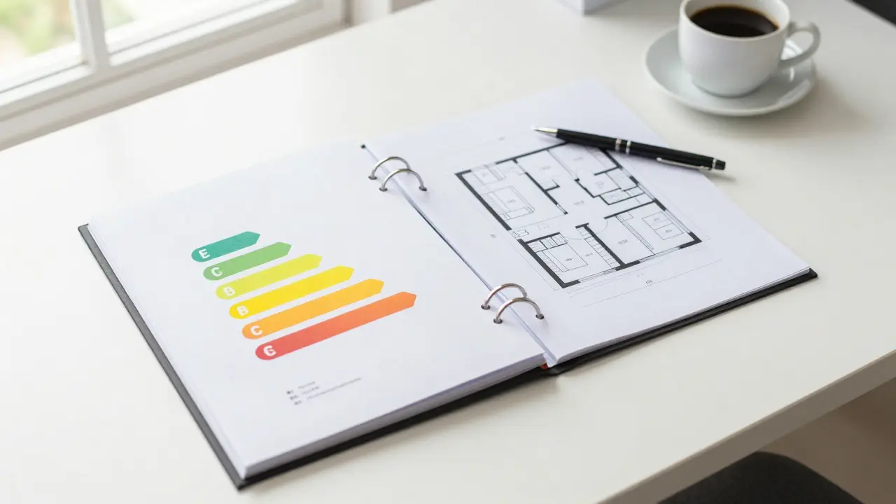 Geordneter Ordner mit Energieausweis und Grundrissen auf Schreibtisch.