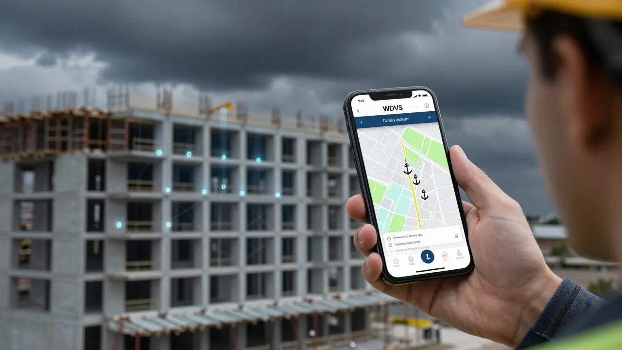 Handwerker mit Smartphone-App, die die korrekte Dübelverteilung auf einem 3D-Fassadenmodell anzeigt.