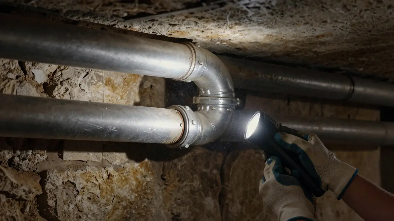 Handwerkliche Prüfung alter grauer Wasserrohre im Kellerraum mit Taschenlampe.