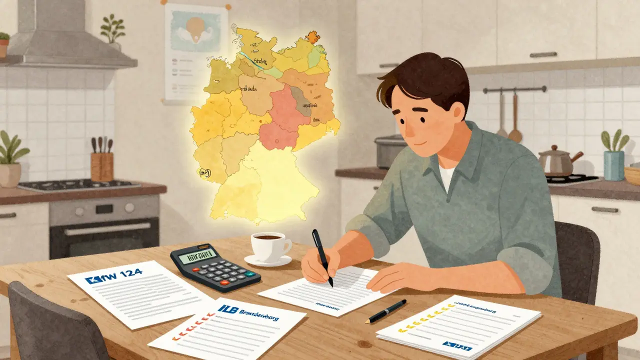 Hausbesitzerin mit Förderungsunterlagen und Deutschlandkarte auf dem Küchentisch.